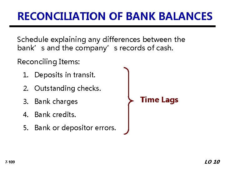 RECONCILIATION OF BANK BALANCES Schedule explaining any differences between the bank’s and the company’s