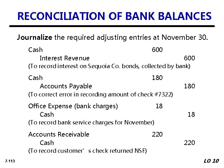 RECONCILIATION OF BANK BALANCES Journalize the required adjusting entries at November 30. Cash Interest