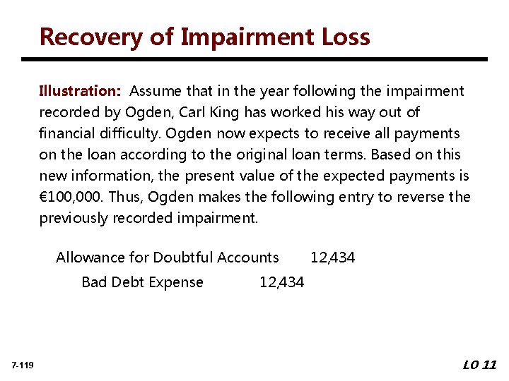 Recovery of Impairment Loss Illustration: Assume that in the year following the impairment recorded