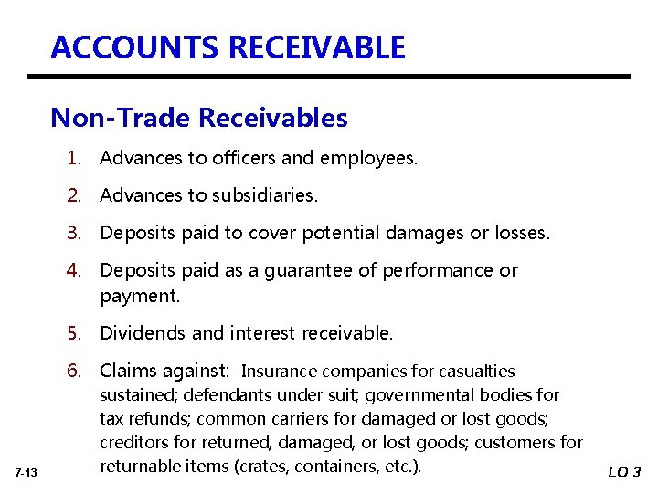 ACCOUNTS RECEIVABLE Non-Trade Receivables 1. Advances to officers and employees. 2. Advances to subsidiaries.