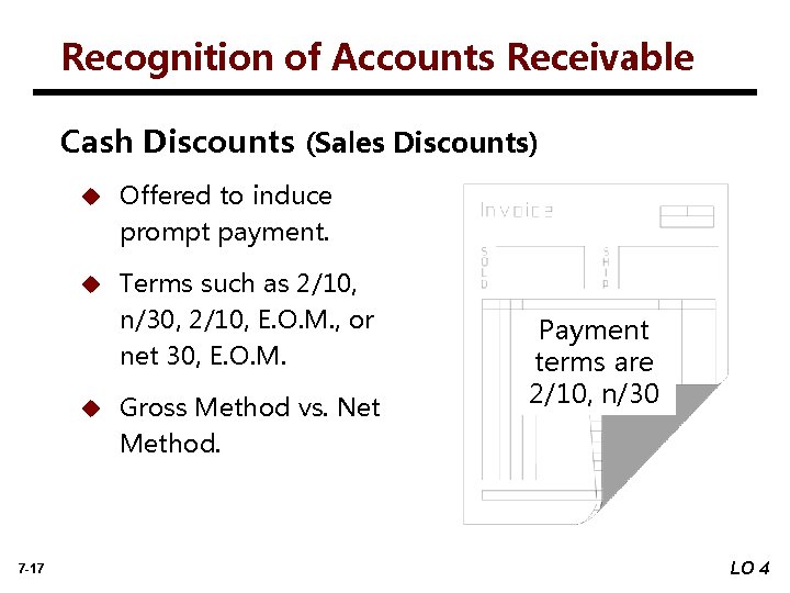 Recognition of Accounts Receivable Cash Discounts (Sales Discounts) u Offered to induce prompt payment.