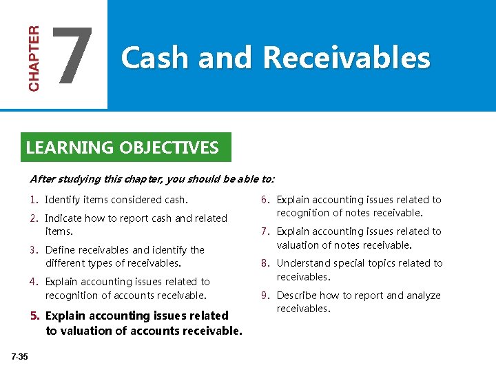 7 Cash and Receivables LEARNING OBJECTIVES After studying this chapter, you should be able