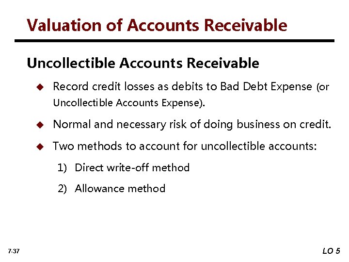 Valuation of Accounts Receivable Uncollectible Accounts Receivable u Record credit losses as debits to