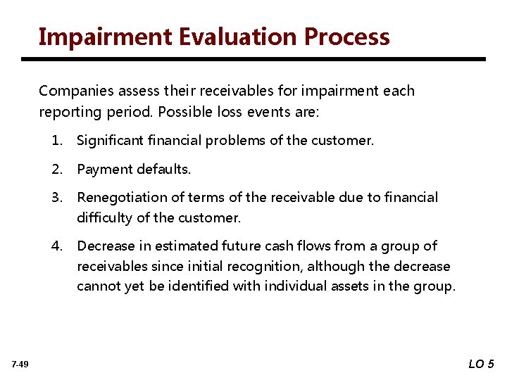 Impairment Evaluation Process Companies assess their receivables for impairment each reporting period. Possible loss