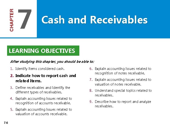 7 Cash and Receivables LEARNING OBJECTIVES After studying this chapter, you should be able