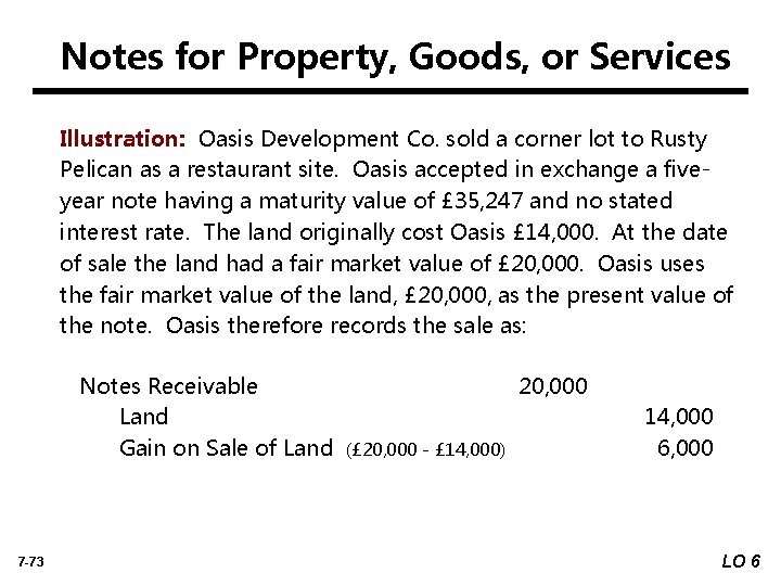 Notes for Property, Goods, or Services Illustration: Oasis Development Co. sold a corner lot