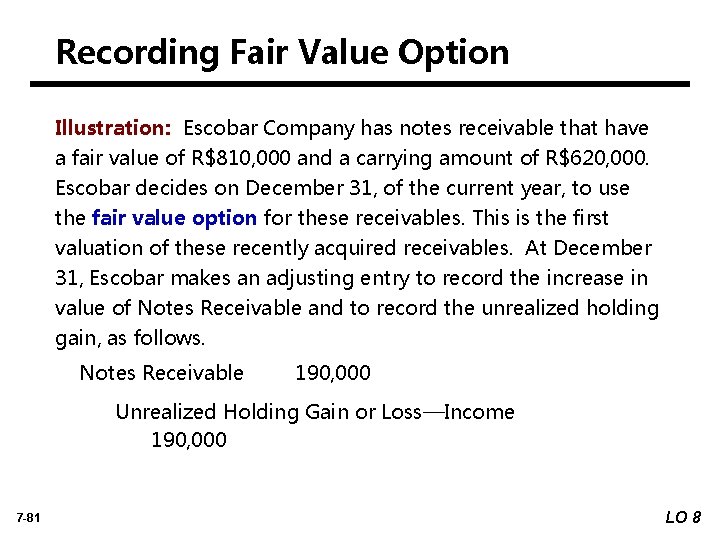 Recording Fair Value Option Illustration: Escobar Company has notes receivable that have a fair