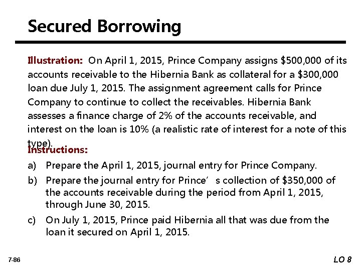 Secured Borrowing Illustration: On April 1, 2015, Prince Company assigns $500, 000 of its