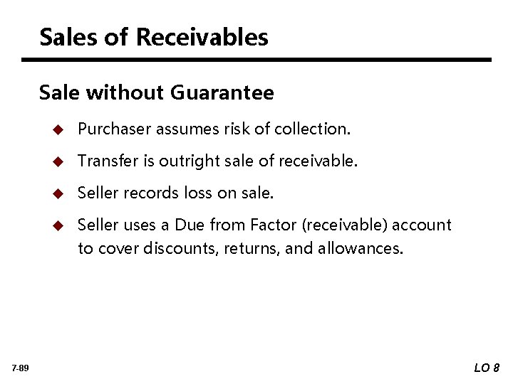 Sales of Receivables Sale without Guarantee 7 -89 u Purchaser assumes risk of collection.