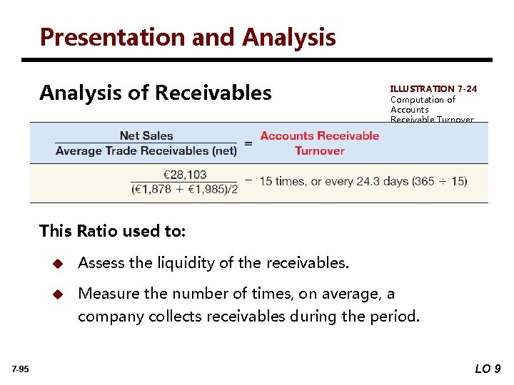 Presentation and Analysis of Receivables ILLUSTRATION 7 -24 Computation of Accounts Receivable Turnover This