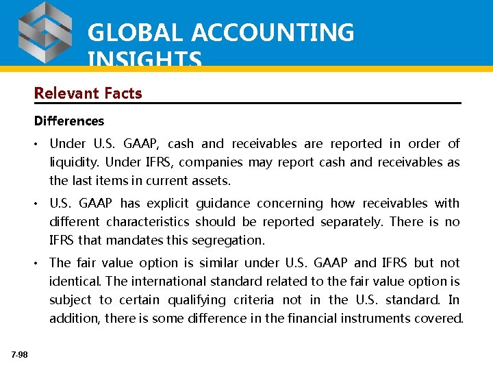 GLOBAL ACCOUNTING INSIGHTS Relevant Facts Differences • Under U. S. GAAP, cash and receivables
