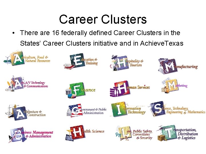 Career Clusters • There are 16 federally defined Career Clusters in the States’ Career