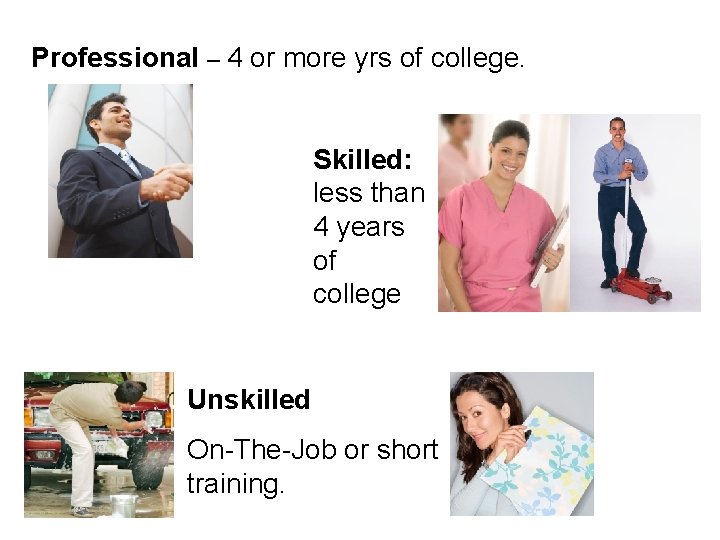 Professional – 4 or more yrs of college. Skilled: less than 4 years of