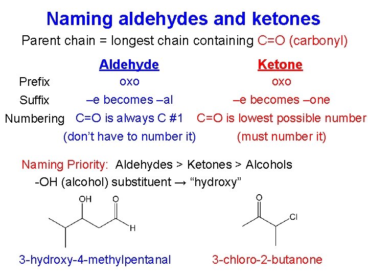 Naming aldehydes and ketones Parent chain = longest chain containing C=O (carbonyl) Aldehyde Ketone