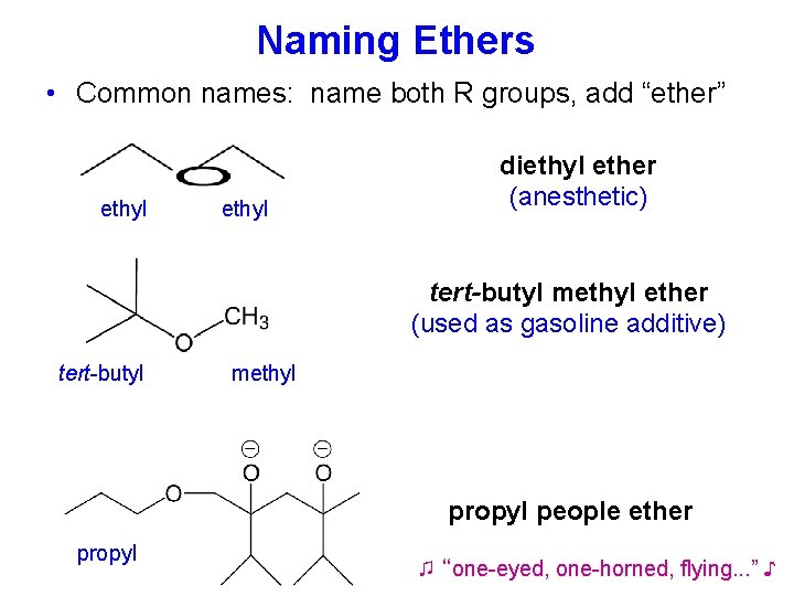 Naming Ethers • Common names: name both R groups, add “ether” ethyl diethyl ether