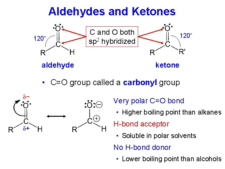 Aldehydes and Ketones 120° aldehyde C and O both sp 2 hybridized 120° ketone