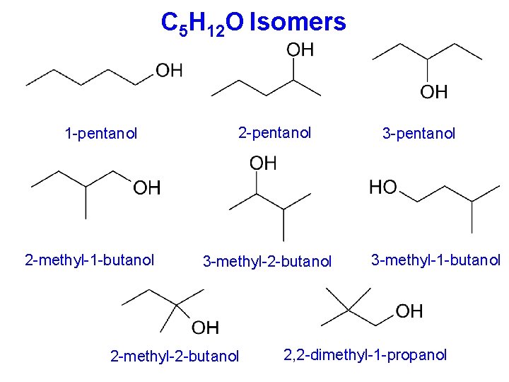 C 5 H 12 O Isomers 1 -pentanol 2 -methyl-1 -butanol 2 -pentanol 3