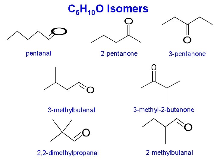 C 5 H 10 O Isomers pentanal 3 -methylbutanal 2, 2 -dimethylpropanal 2 -pentanone