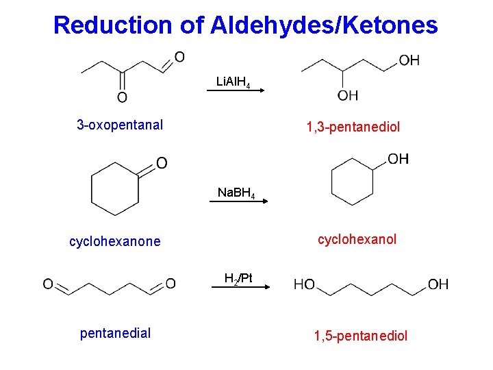 Reduction of Aldehydes/Ketones Li. Al. H 4 3 -oxopentanal 1, 3 -pentanediol Na. BH