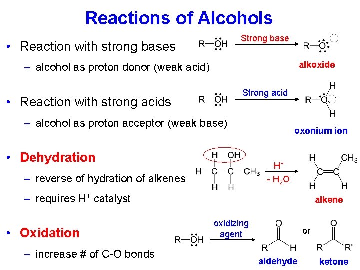 Reactions of Alcohols Strong base • Reaction with strong bases alkoxide – alcohol as