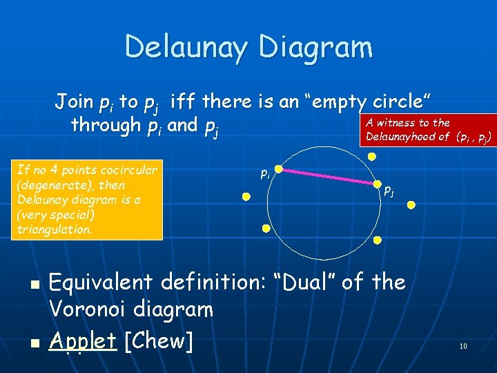 Delaunay Diagram Join pi to pj iff there is an “empty circle” A witness