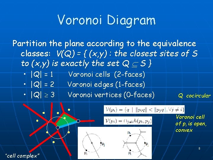 Voronoi Diagram Partition the plane according to the equivalence classes: V(Q) = { (x,