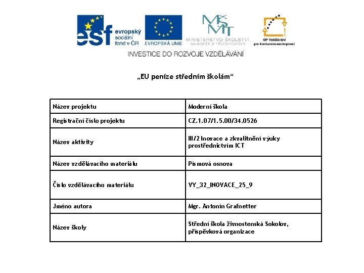 „EU peníze středním školám“ Název projektu Moderní škola Registrační číslo projektu CZ. 1. 07/1.
