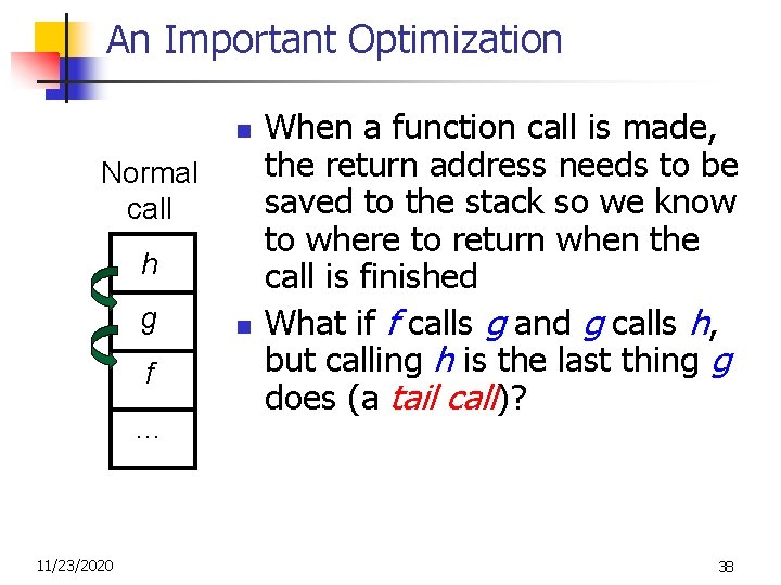 An Important Optimization n Normal call h g f … 11/23/2020 n When a