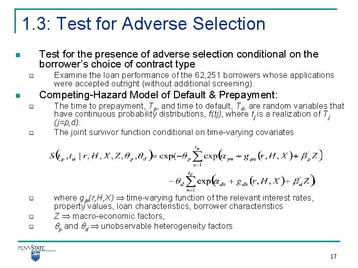 1. 3: Test for Adverse Selection Test for the presence of adverse selection conditional