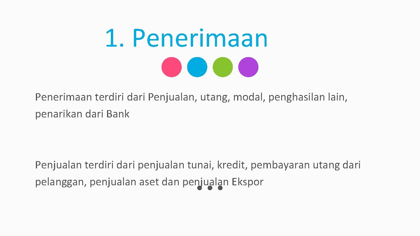 1. Penerimaan terdiri dari Penjualan, utang, modal, penghasilan lain, penarikan dari Bank Penjualan terdiri