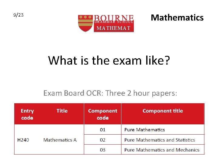 Mathematics 9/23 MATHEMAT ICS What is the exam like? Exam Board OCR: Three 2