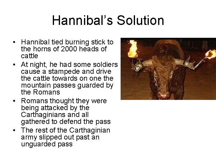 Hannibal’s Solution • Hannibal tied burning stick to the horns of 2000 heads of