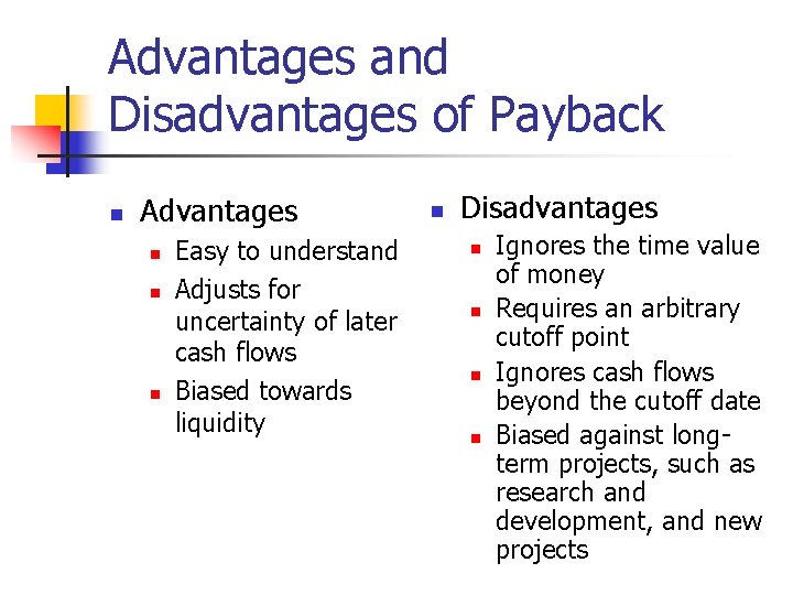 Advantages and Disadvantages of Payback n Advantages n n n Easy to understand Adjusts