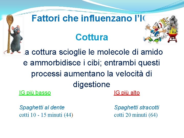 Fattori che influenzano l’IG Cottura La cottura scioglie le molecole di amido e ammorbidisce