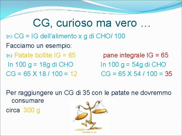 CG, curioso ma vero … CG = IG dell’alimento x g di CHO/ 100