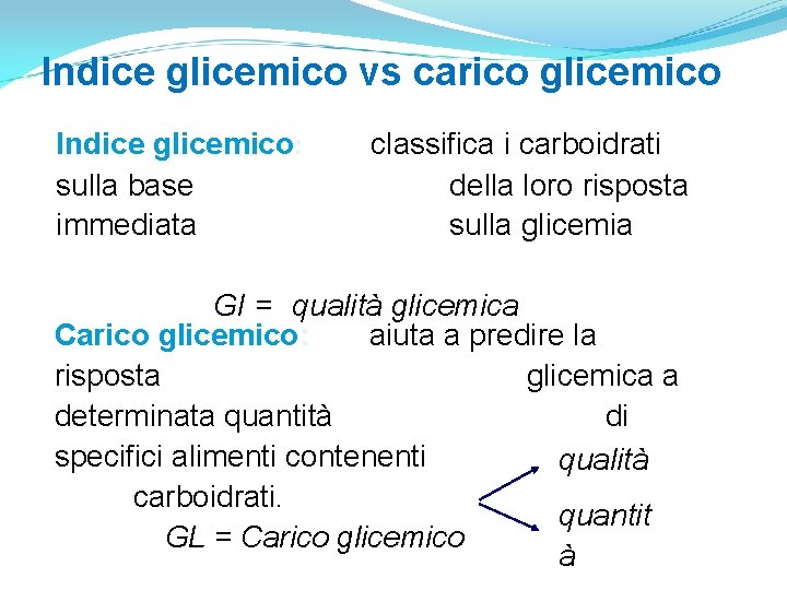 Indice glicemico vs carico glicemico Indice glicemico: sulla base immediata classifica i carboidrati della