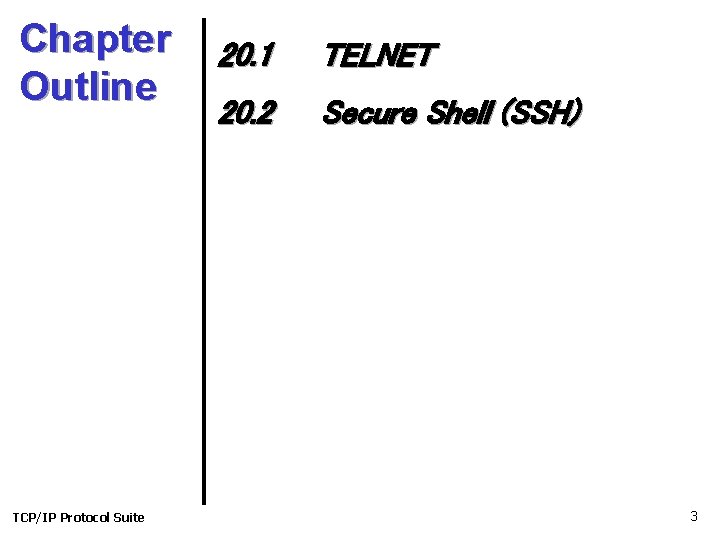 Chapter Outline TCP/IP Protocol Suite 20. 1 TELNET 20. 2 Secure Shell (SSH) 3