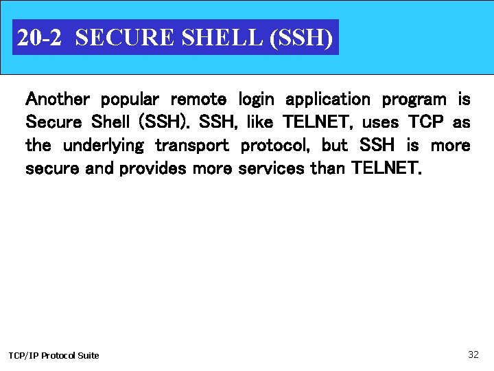 20 -2 SECURE SHELL (SSH) Another popular remote login application program is Secure Shell