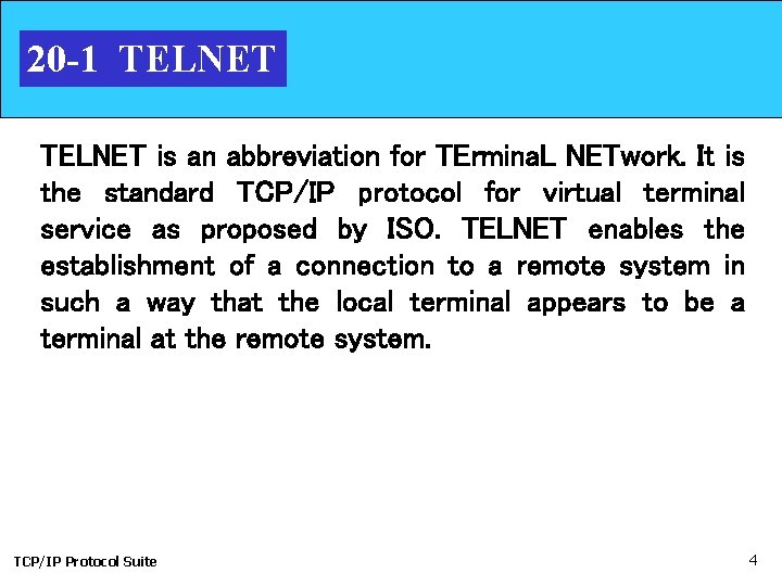 20 -1 TELNET is an abbreviation for TErmina. L NETwork. It is the standard