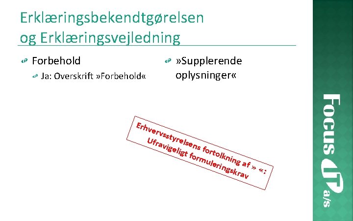 Erklæringsbekendtgørelsen og Erklæringsvejledning Forbehold » Supplerende oplysninger « Ja: Overskrift » Forbehold « Erhv