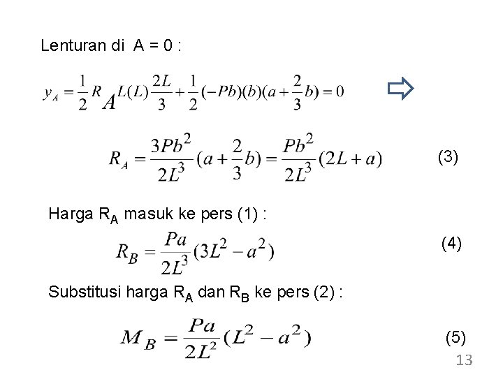 Lenturan di A = 0 : (3) Harga RA masuk ke pers (1) :