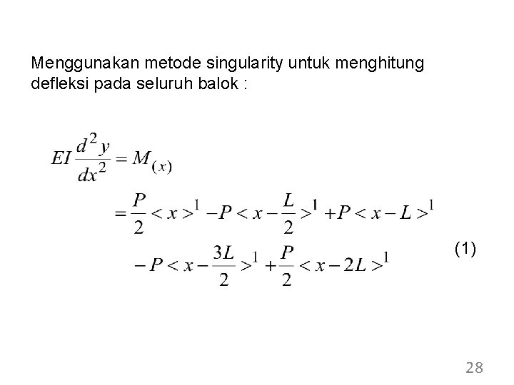 Menggunakan metode singularity untuk menghitung defleksi pada seluruh balok : (1) 28 