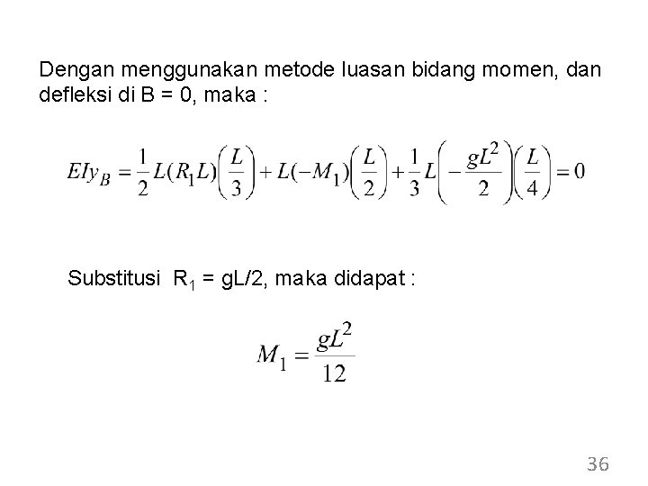 Dengan menggunakan metode luasan bidang momen, dan defleksi di B = 0, maka :