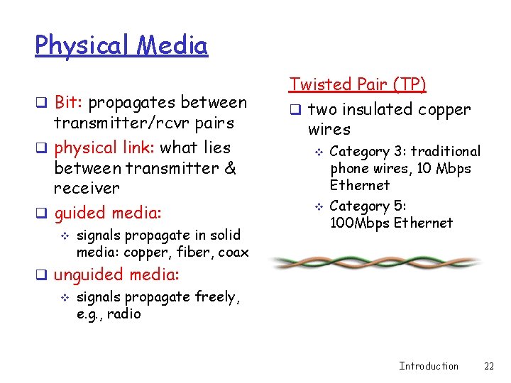 Physical Media q Bit: propagates between transmitter/rcvr pairs q physical link: what lies between