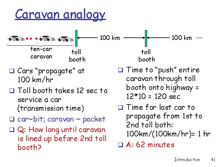 Caravan analogy 100 km ten-car caravan toll booth q Cars “propagate” at 100 km/hr