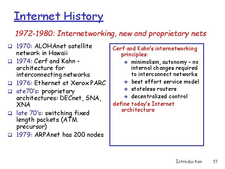 Internet History 1972 -1980: Internetworking, new and proprietary nets q 1970: ALOHAnet satellite q