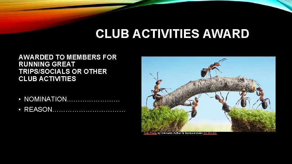 CLUB ACTIVITIES AWARDED TO MEMBERS FOR RUNNING GREAT TRIPS/SOCIALS OR OTHER CLUB ACTIVITIES •