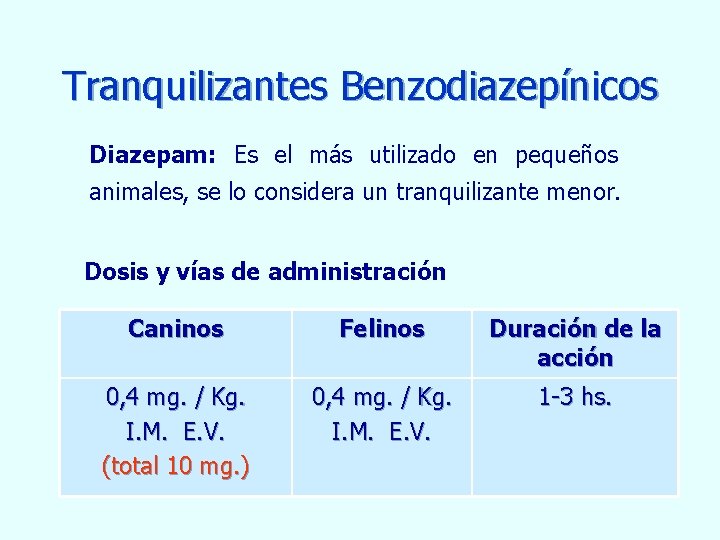 Tranquilizantes Benzodiazepínicos Diazepam: Es el más utilizado en pequeños animales, se lo considera un
