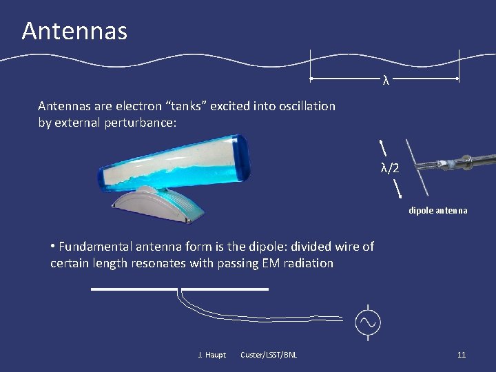 Antennas λ Antennas are electron “tanks” excited into oscillation by external perturbance: λ/2 dipole