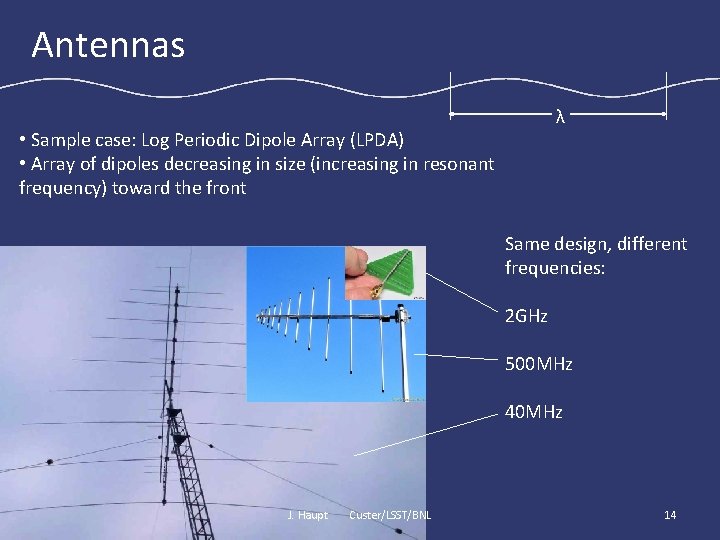 Antennas λ • Sample case: Log Periodic Dipole Array (LPDA) • Array of dipoles